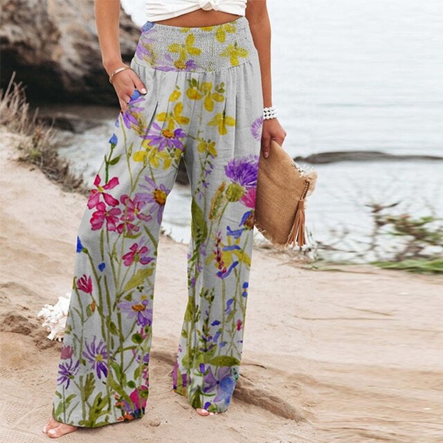 Garlie | Pantalon large floral pour femmes taille haute décontracté été