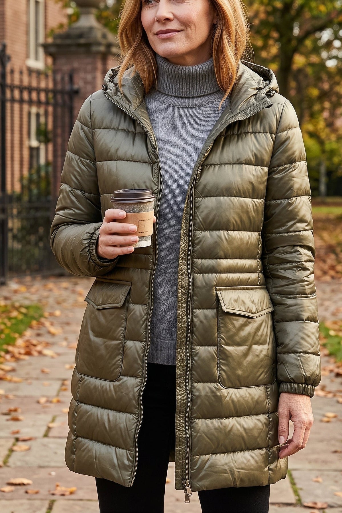Manteau long matelassé à capuche et fermeture éclair