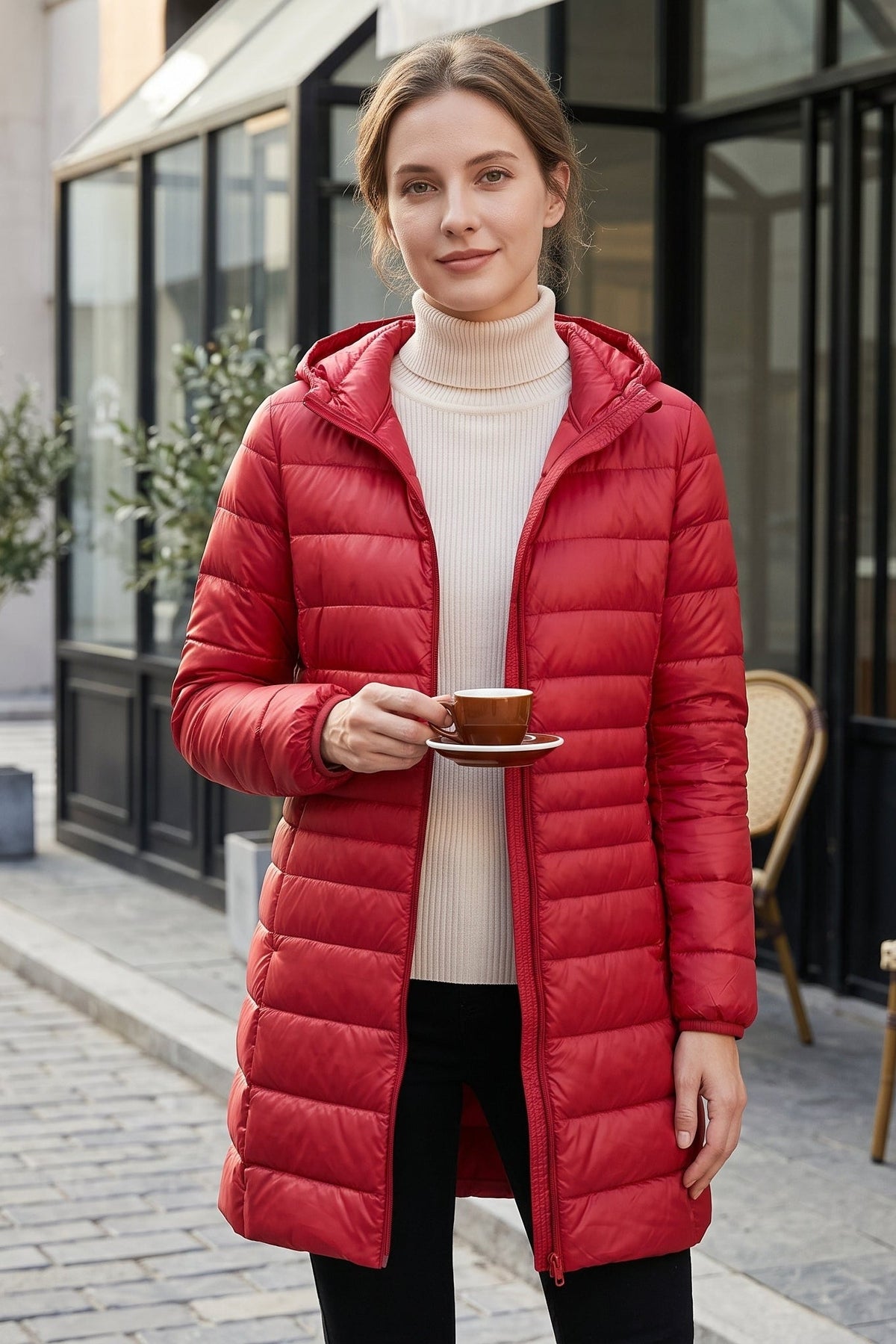 Manteau long matelassé à capuche et fermeture éclair