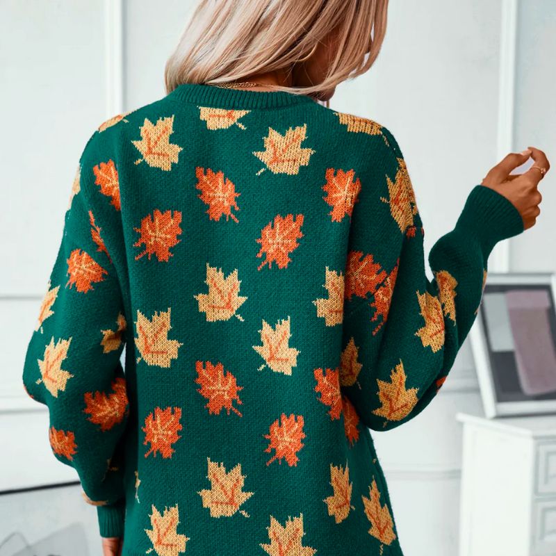 Pull Femme | Motif Feuilles & Col Rond