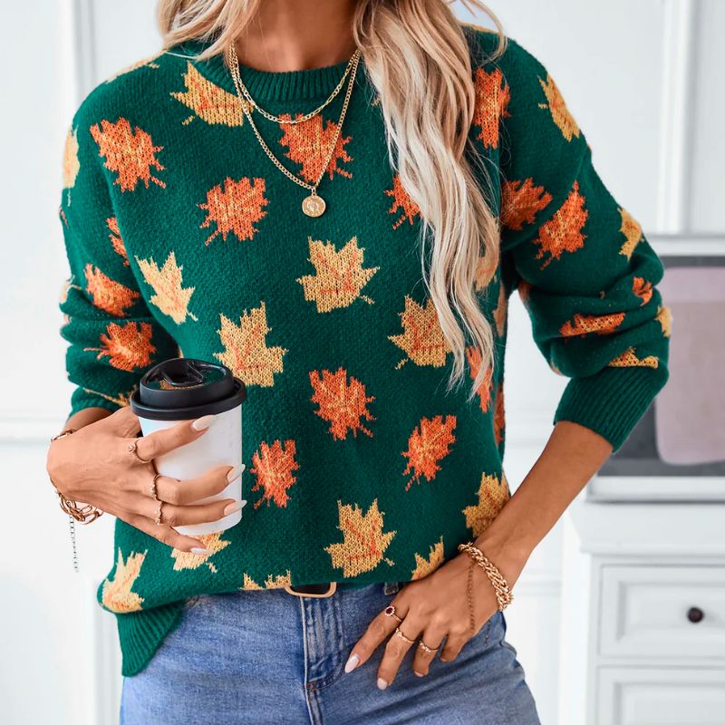 Pull Femme | Motif Feuilles & Col Rond