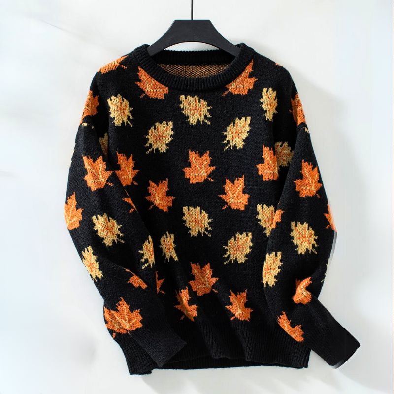 Pull Femme | Motif Feuilles & Col Rond