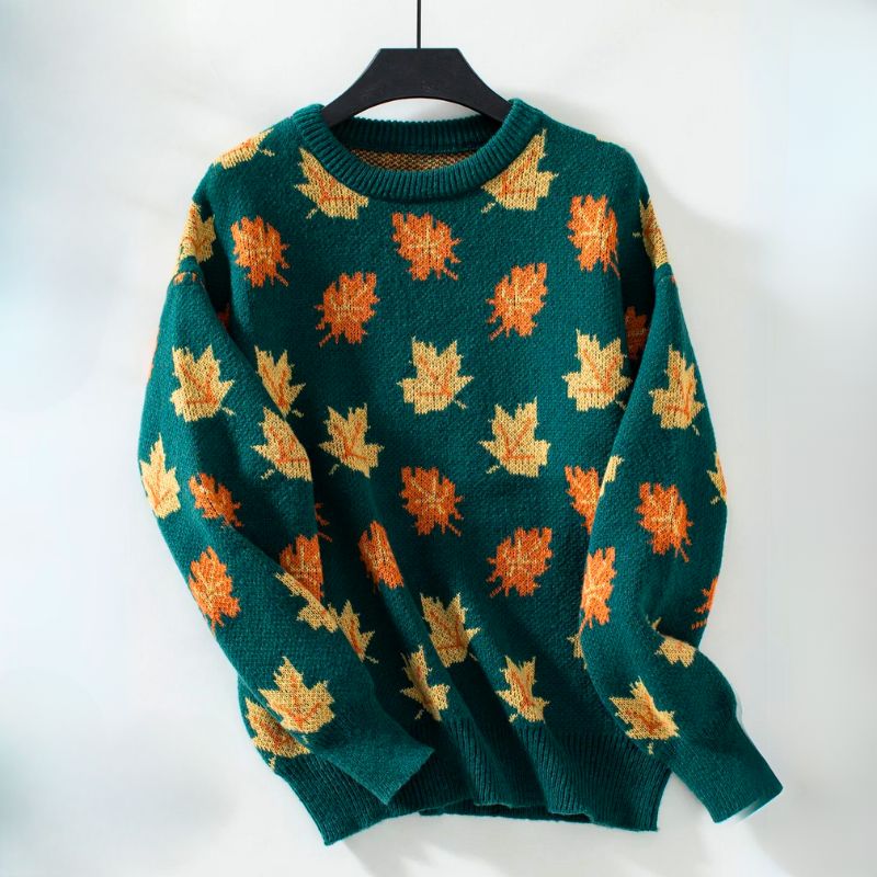 Pull Femme | Motif Feuilles & Col Rond