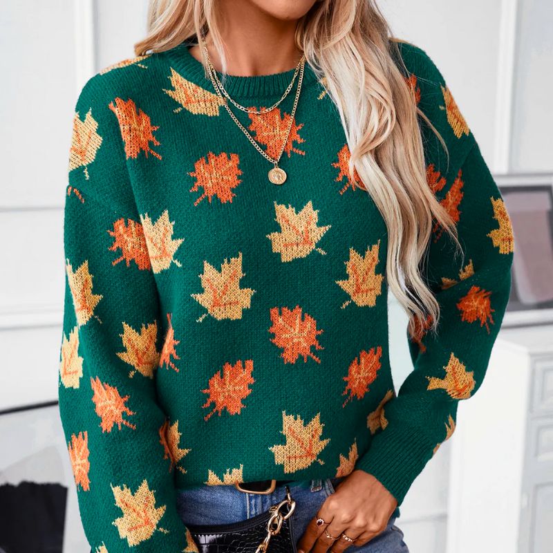 Pull Femme | Motif Feuilles & Col Rond