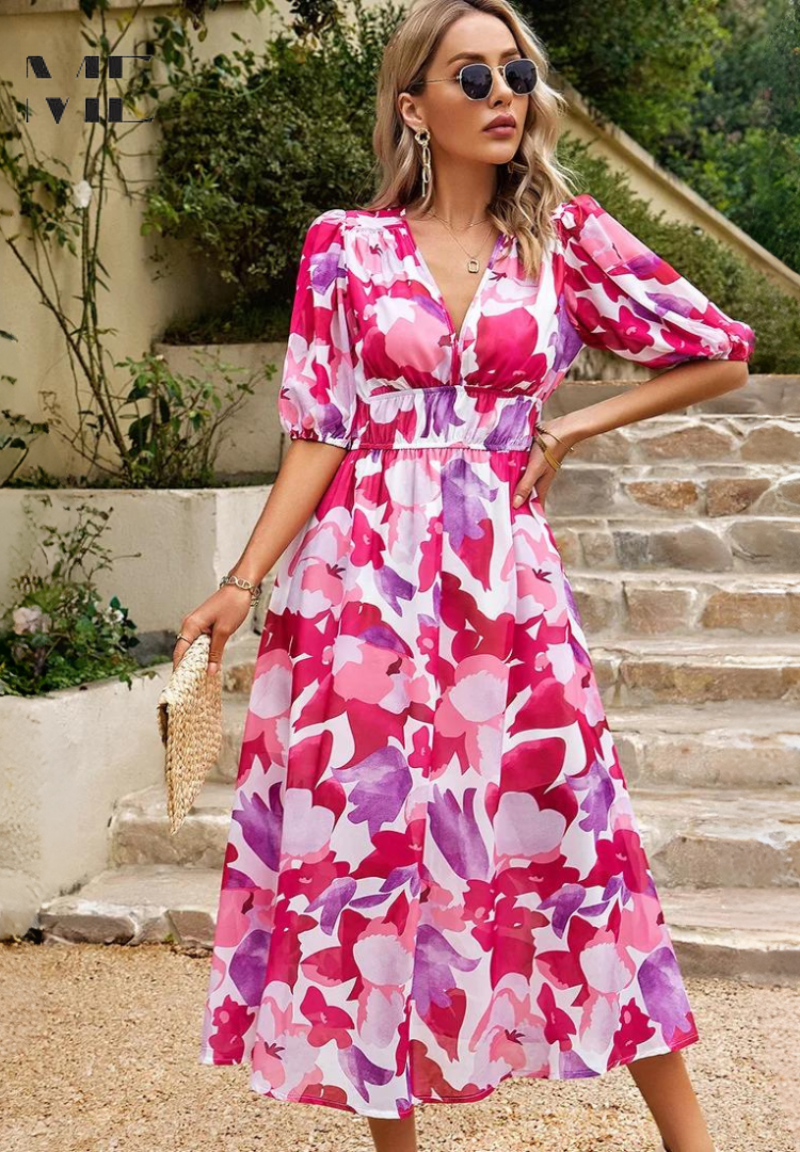 Robe Midi Élégante à Fleurs avec Manches Bouffantes