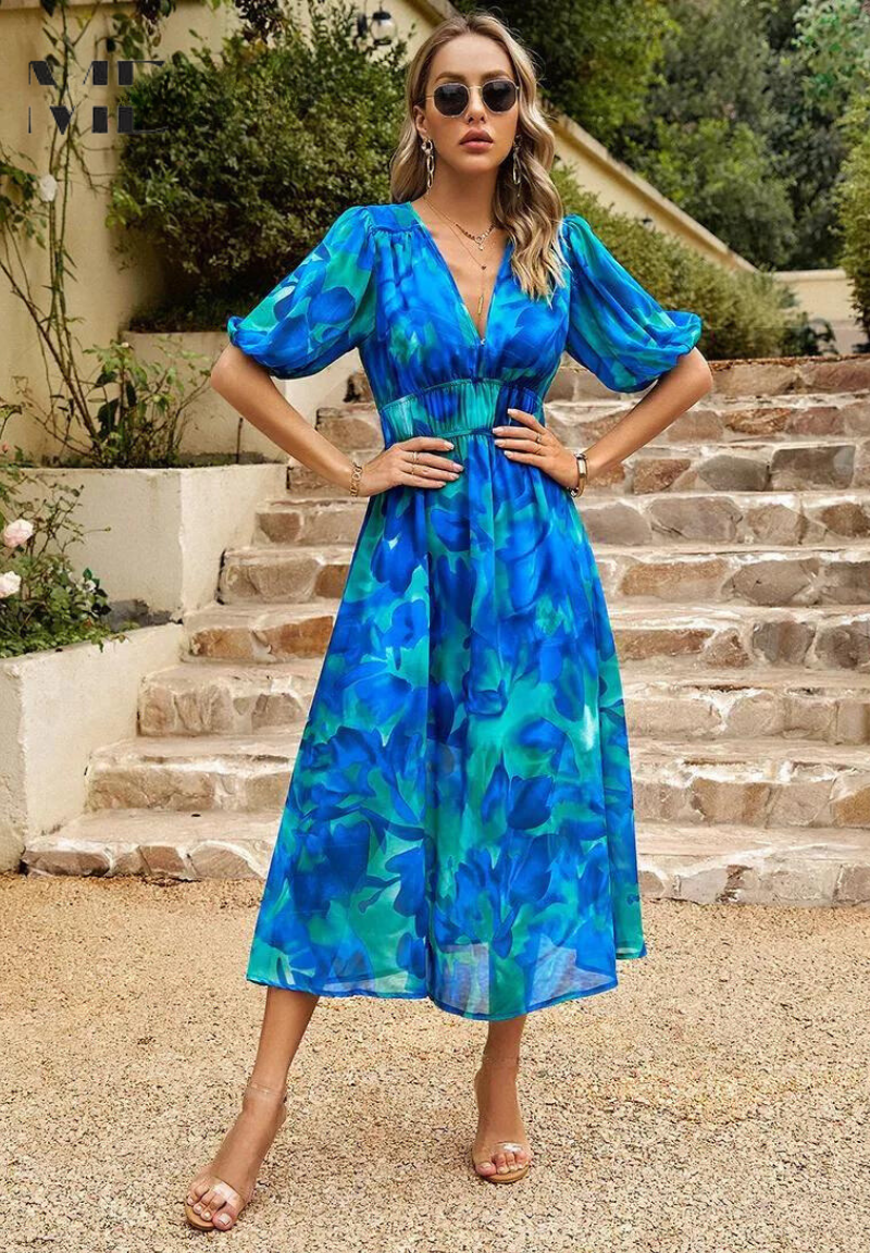 Robe Midi Élégante à Fleurs avec Manches Bouffantes