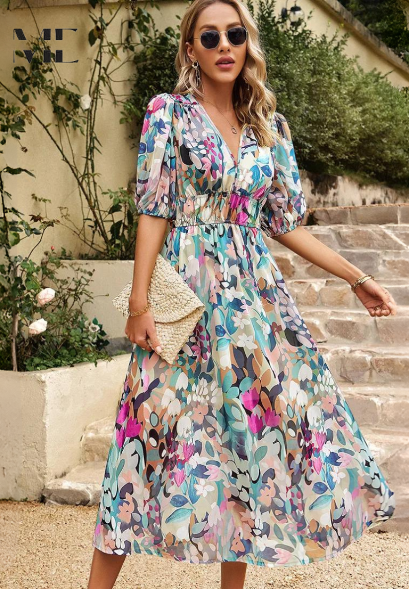 Robe Midi Élégante à Fleurs avec Manches Bouffantes