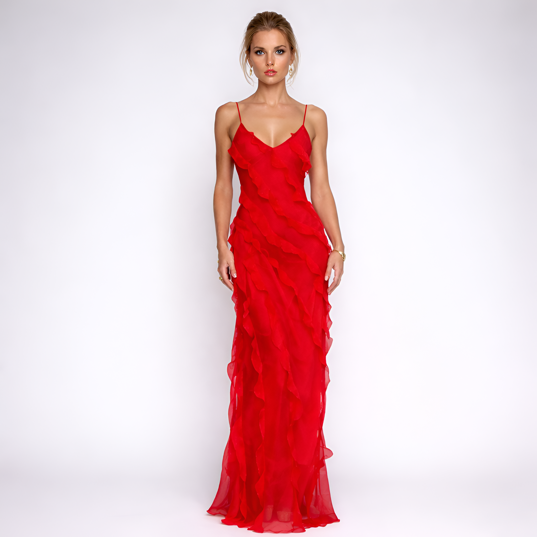 Yvette - Robe de soirée longue en mousseline à volants