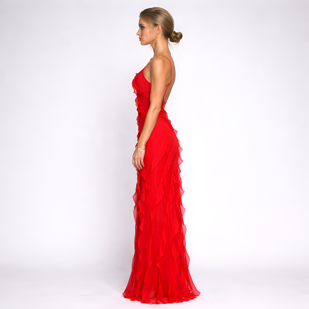 Yvette - Robe de soirée longue en mousseline à volants
