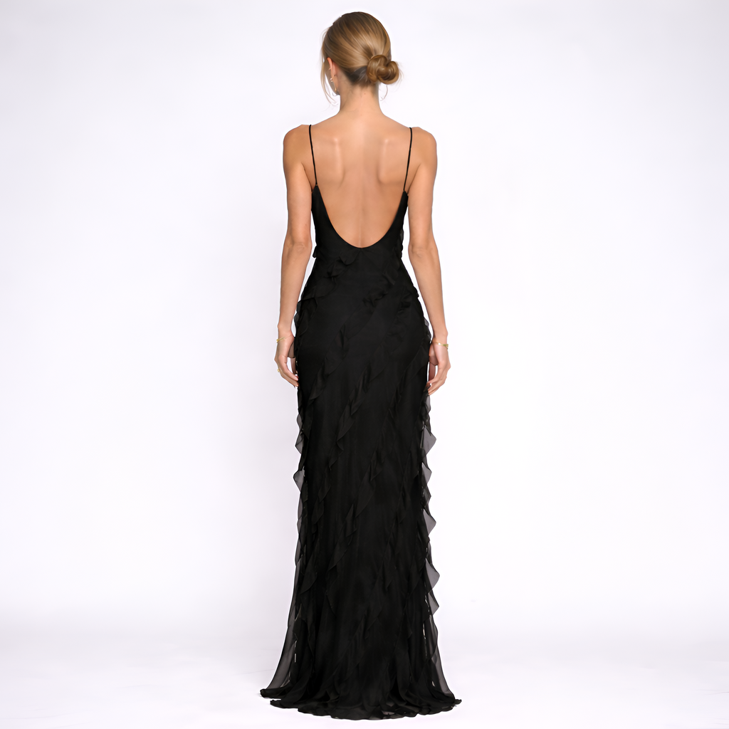 Yvette - Robe de soirée longue en mousseline à volants