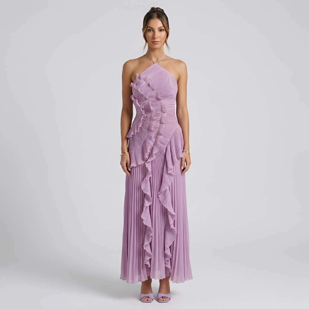 Eileen - Robe longue fluide à dos nu, avec volants plissés en cascade