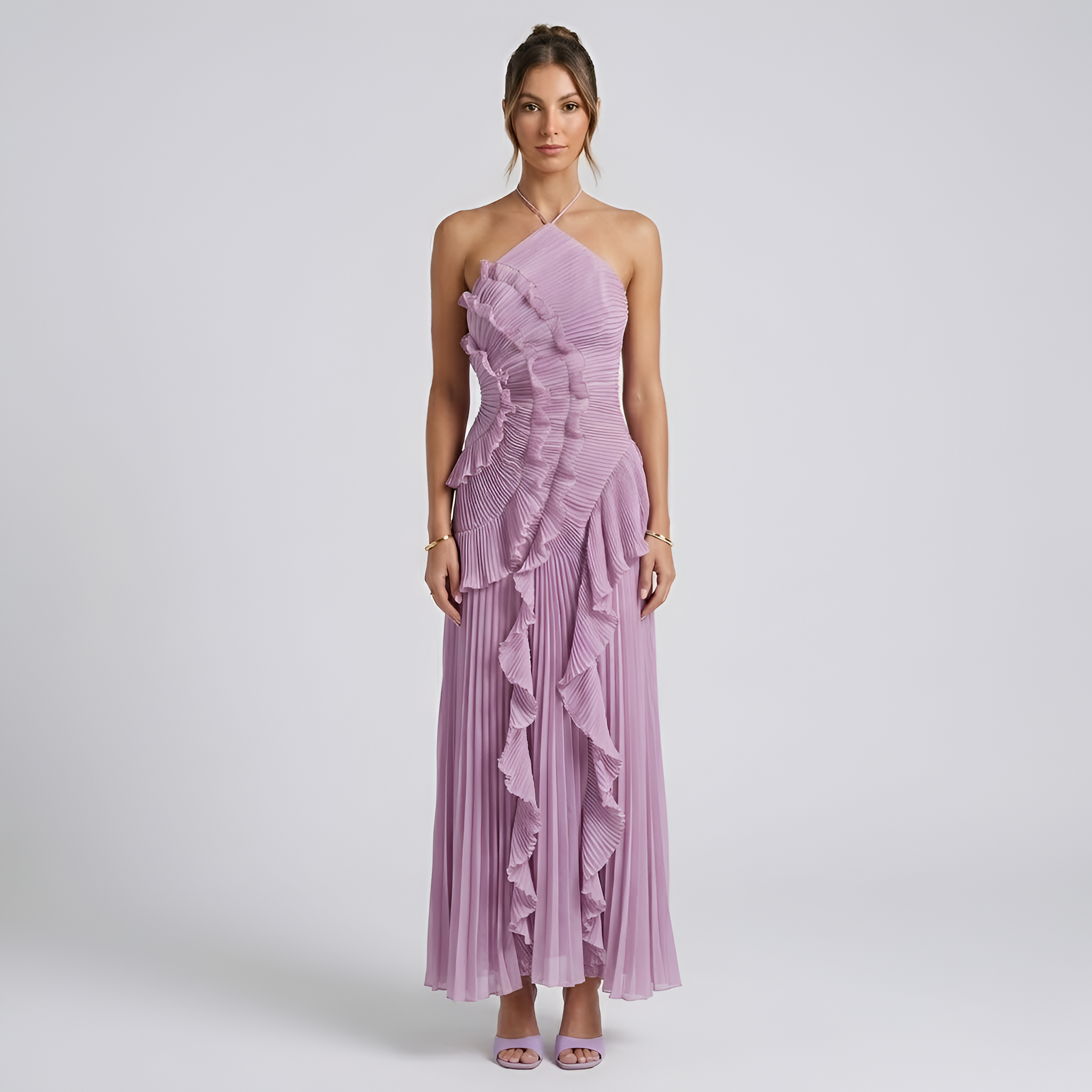 Eileen - Robe longue fluide à dos nu, avec volants plissés en cascade