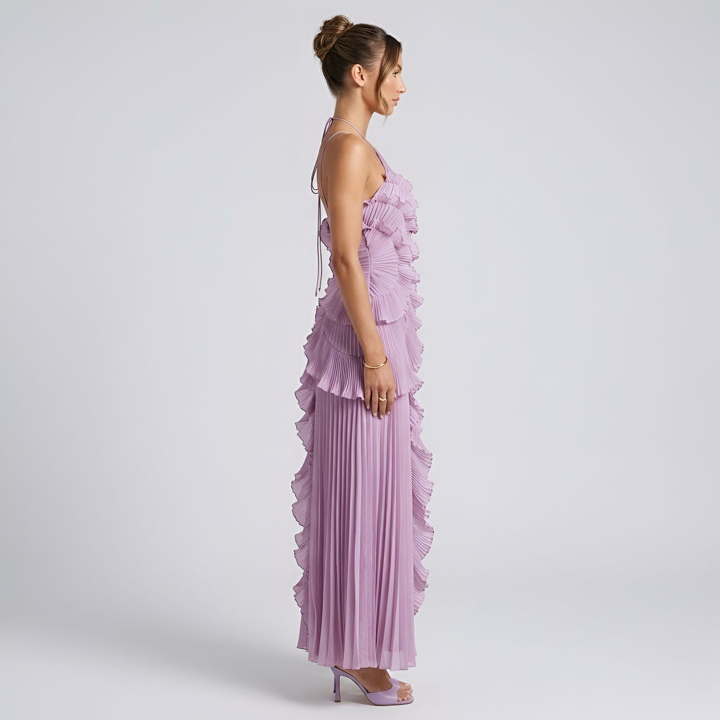 Eileen - Robe longue fluide à dos nu, avec volants plissés en cascade