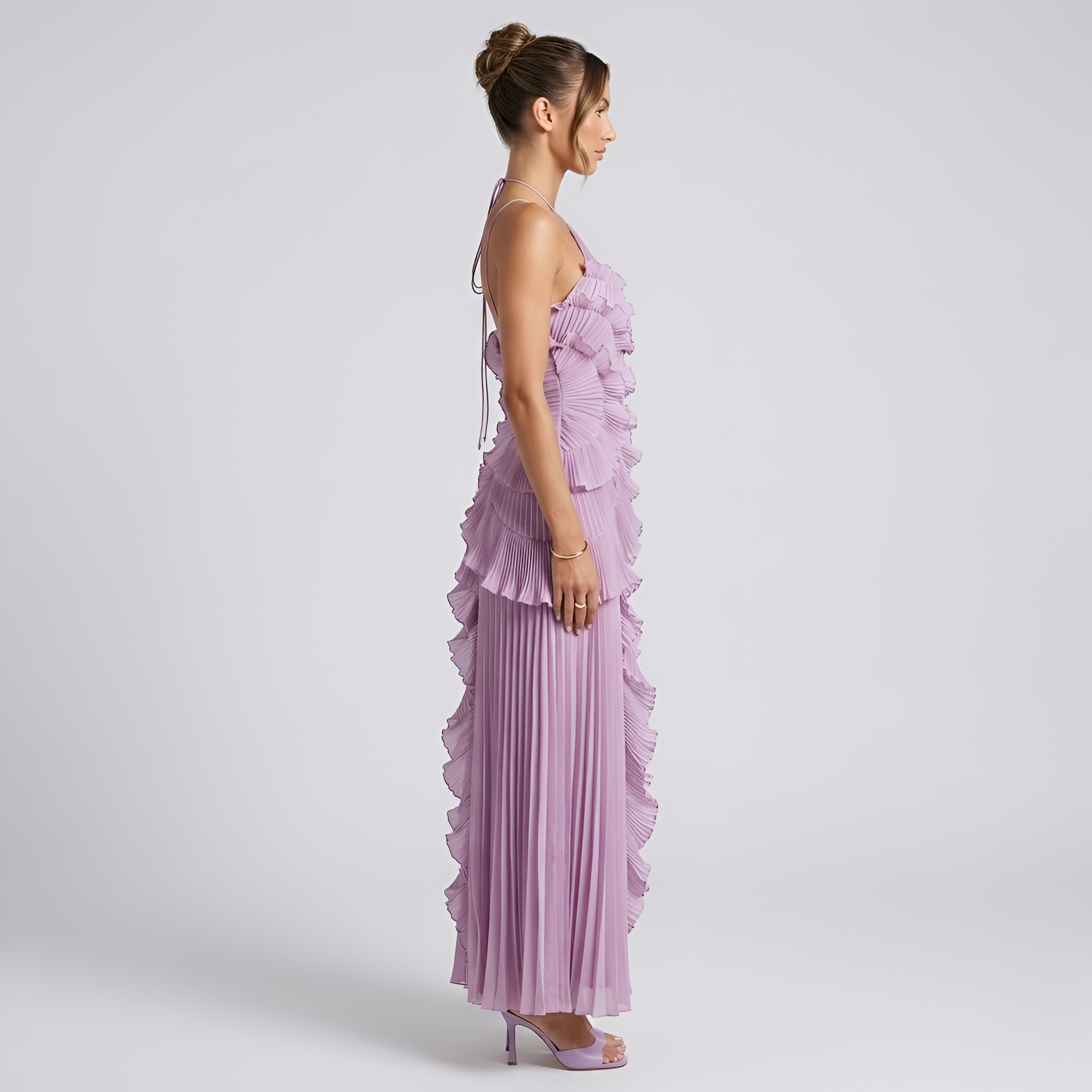 Eileen - Robe longue fluide à dos nu, avec volants plissés en cascade