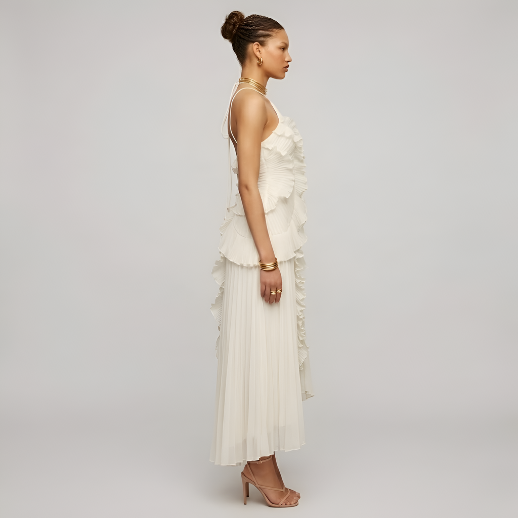 Eileen - Robe longue fluide à dos nu, avec volants plissés en cascade