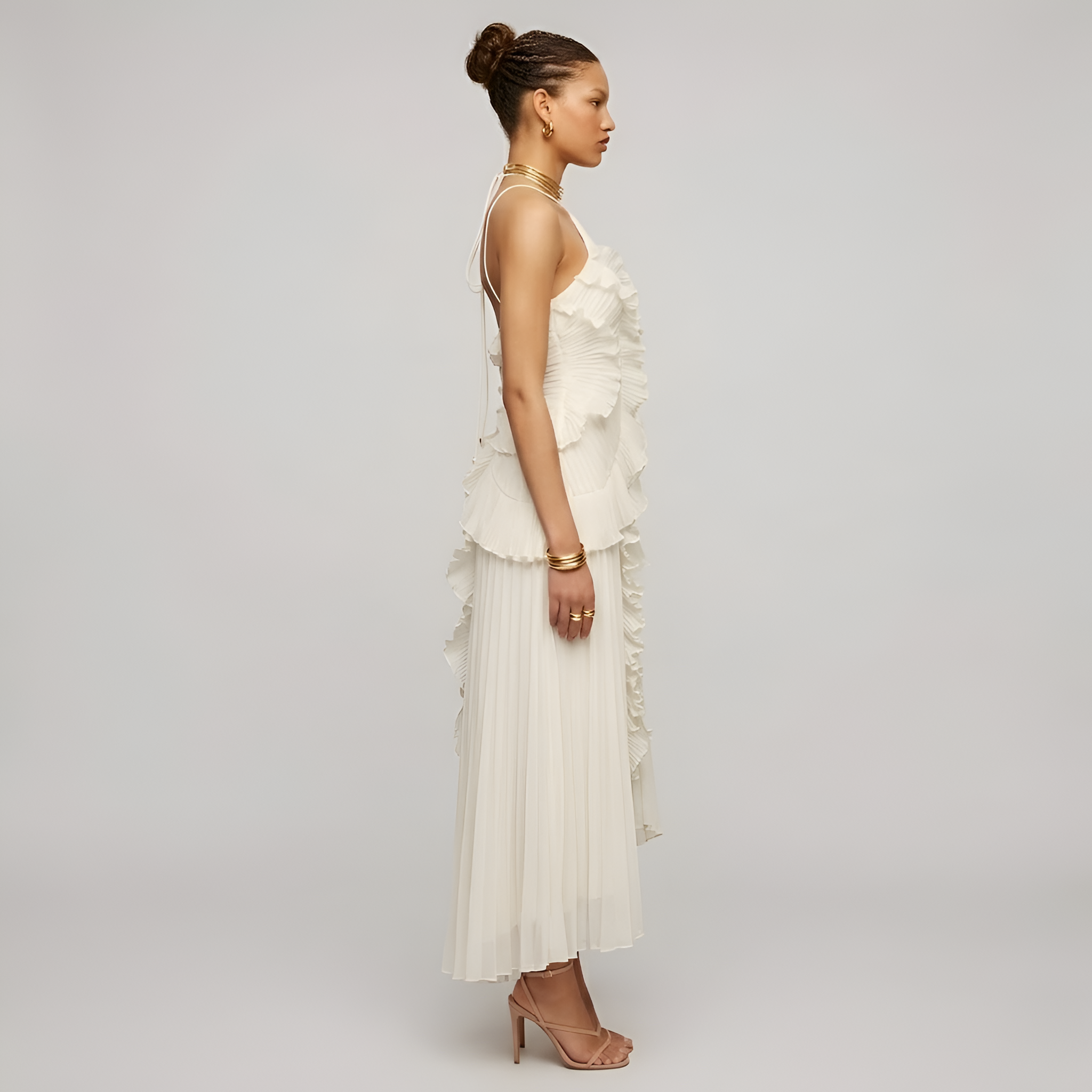 Eileen - Robe longue fluide à dos nu, avec volants plissés en cascade