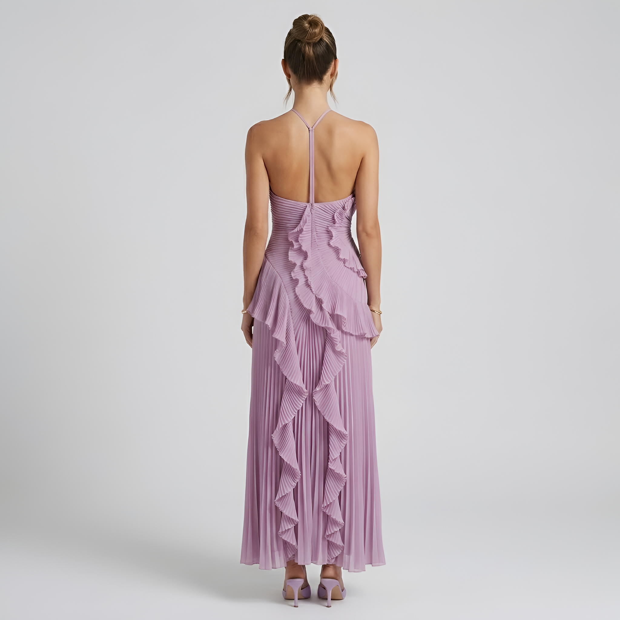 Eileen - Robe longue fluide à dos nu, avec volants plissés en cascade