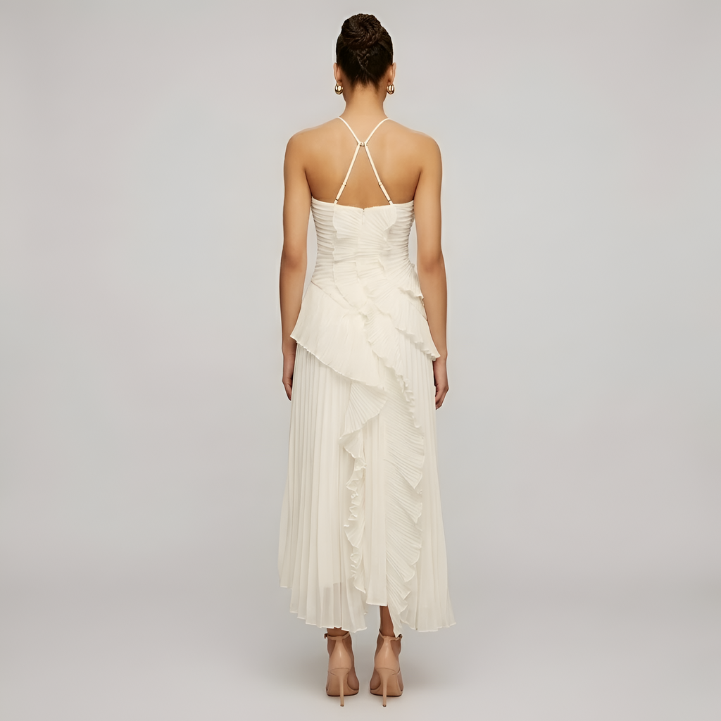 Eileen - Robe longue fluide à dos nu, avec volants plissés en cascade