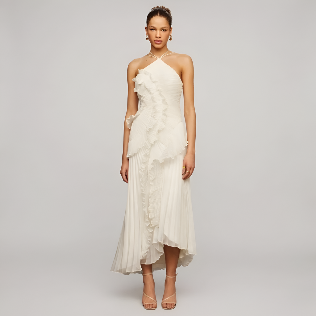 Eileen - Robe longue fluide à dos nu, avec volants plissés en cascade