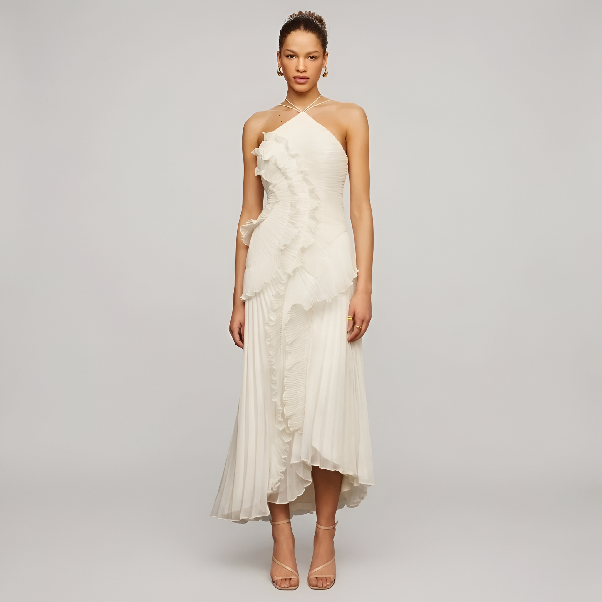 Eileen - Robe longue fluide à dos nu, avec volants plissés en cascade