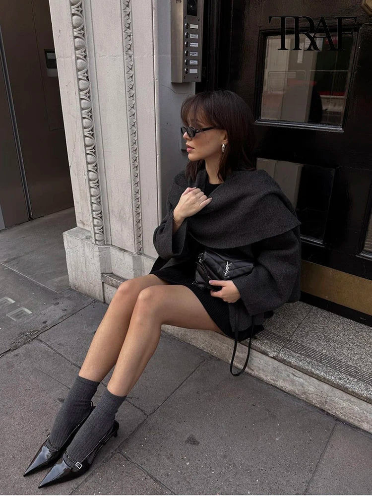 Veste Poncho Femme avec Col Châle et Manches Longues