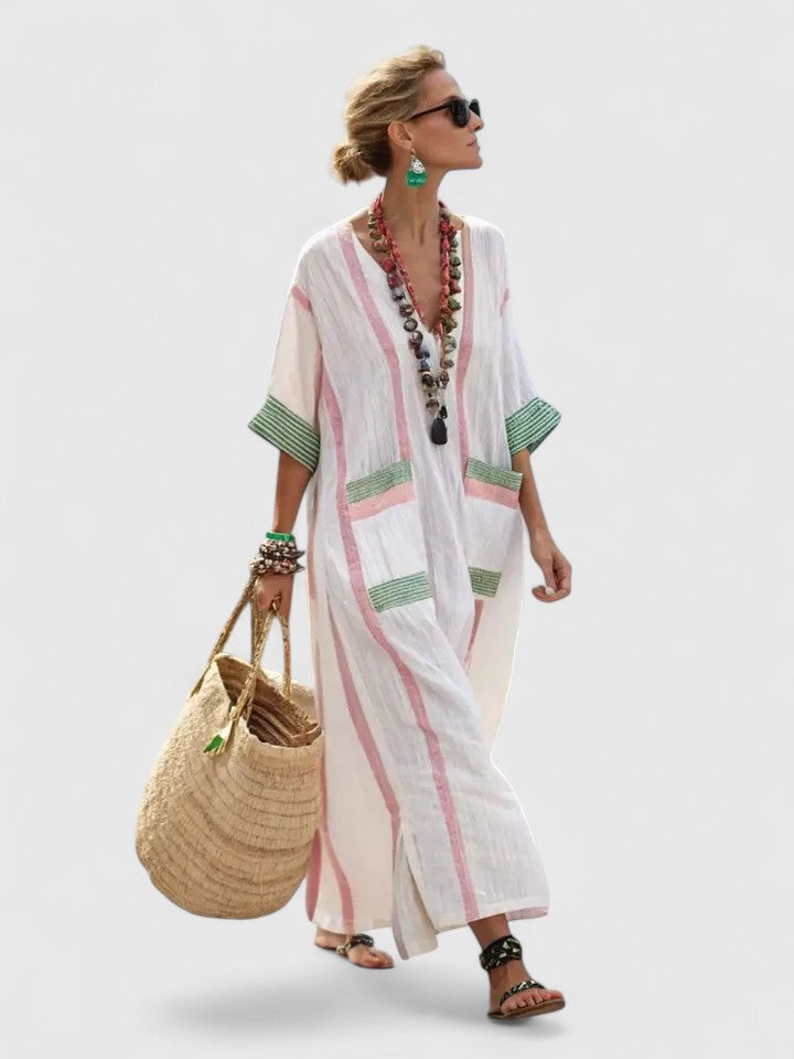 Robe Maxi d'Été pour Femme | Kaftan Rayé à Col V