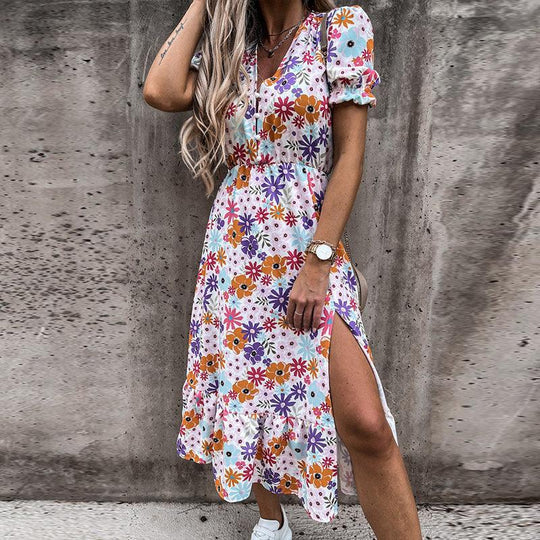 Robe Midi Boho Femme | V-Cou Smocké Floral