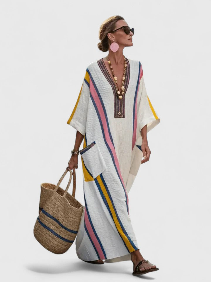 Robe Maxi d'Été pour Femme | Kaftan Rayé à Col V