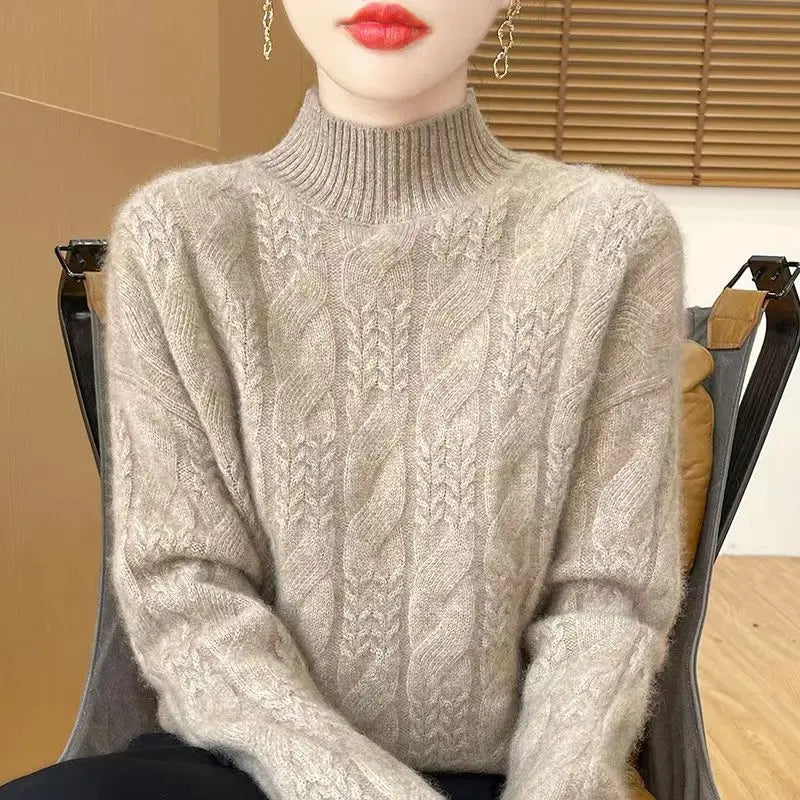 Pull en Cachemire Femme – Maille Torsadée et Col Mi-Haut Intemporel