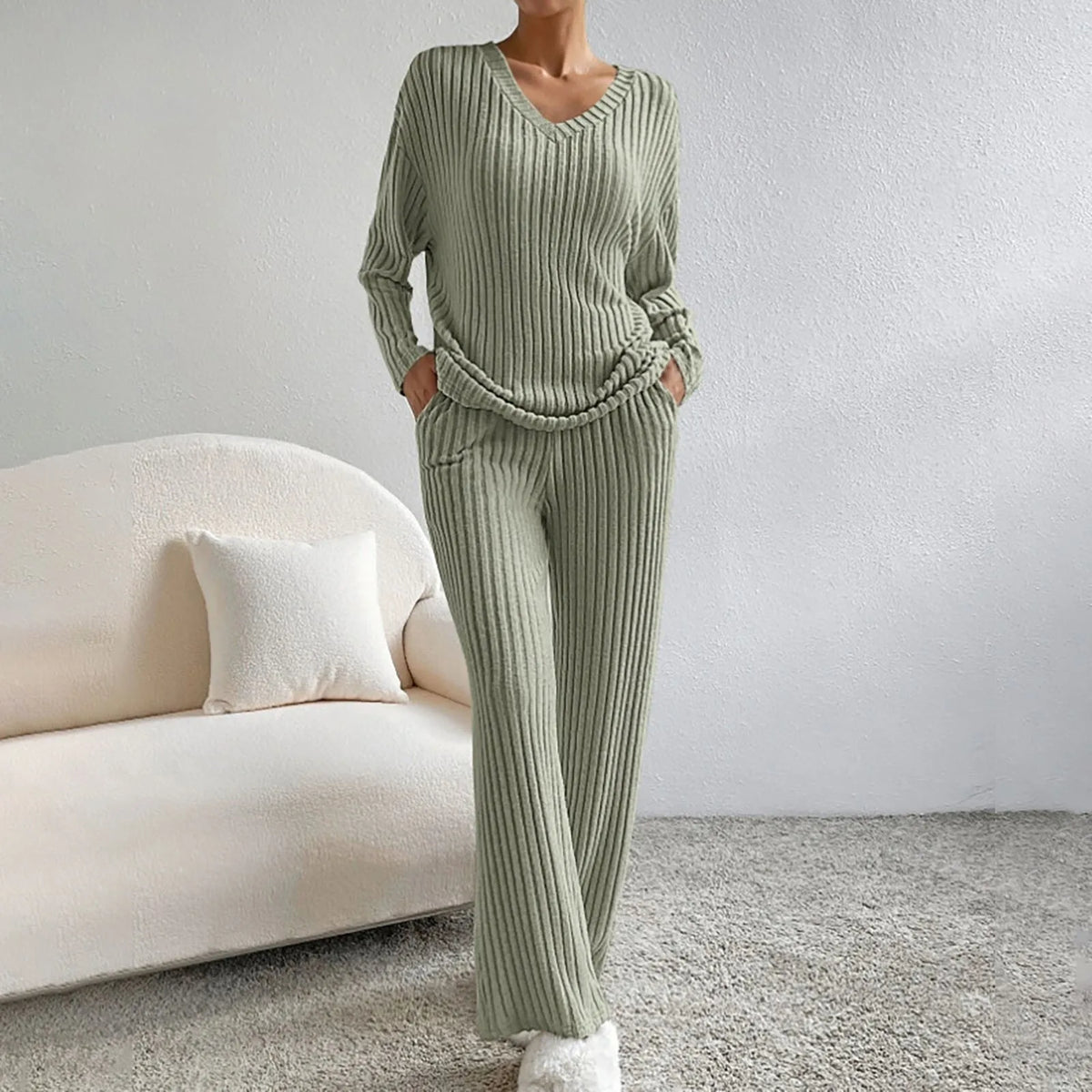 Ensemble de Loungewear Élégant avec Haut à Manches Longues et Pantalons Amples