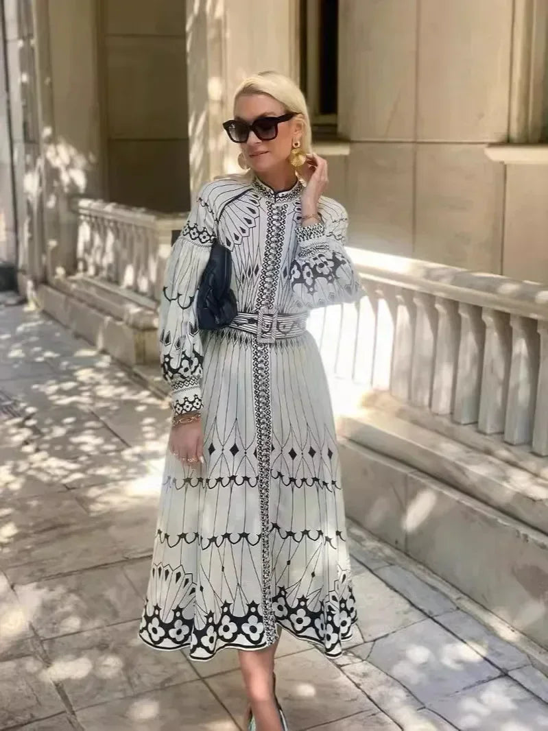 Kimberly | Robe Midi A Ligne Imprimée à Manches Longues pour Femmes
