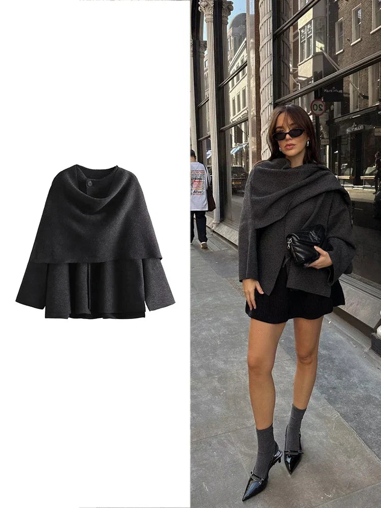 Veste Poncho Femme avec Col Châle et Manches Longues