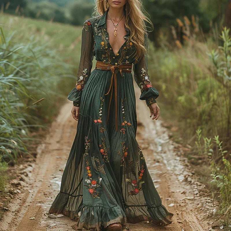 Robe Maxi à Col V Brodée Bohémienne pour Femmes