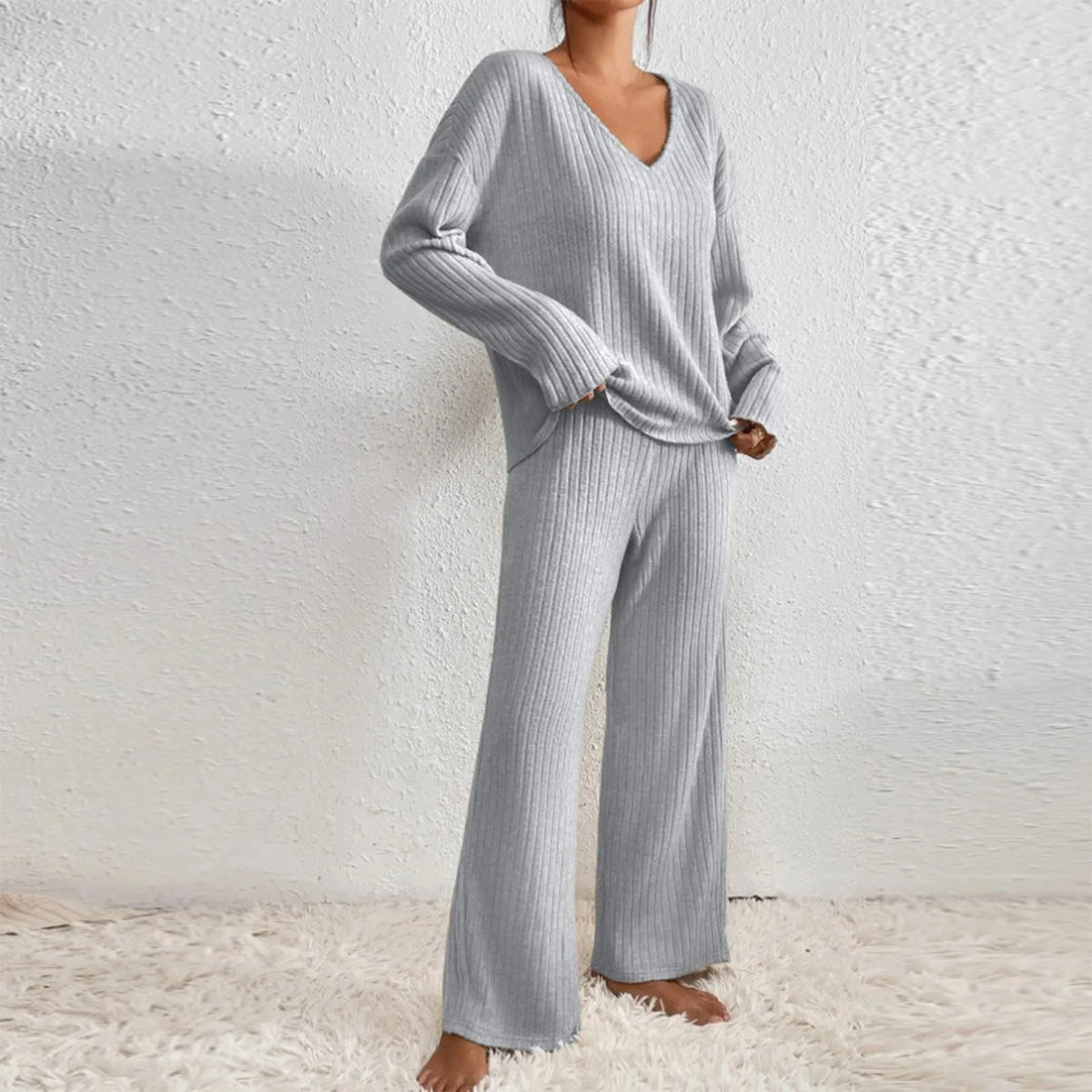 Ensemble de Loungewear Élégant avec Haut à Manches Longues et Pantalons Amples