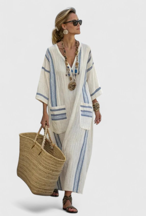 Robe Maxi d'Été pour Femme | Kaftan Rayé à Col V