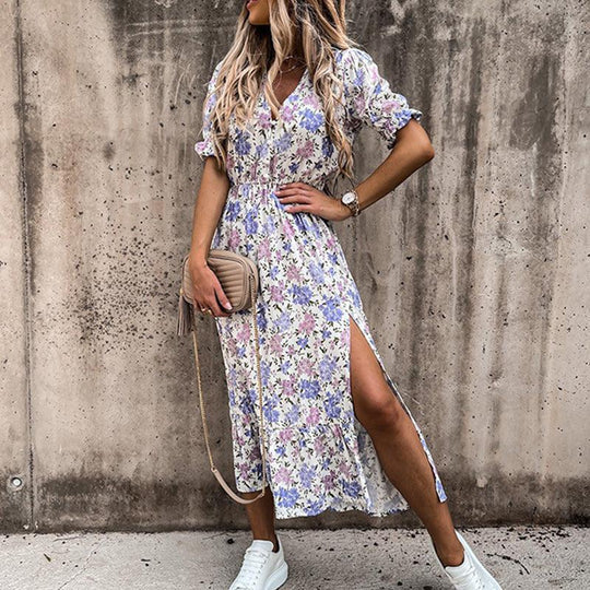 Robe Midi Boho Femme | V-Cou Smocké Floral