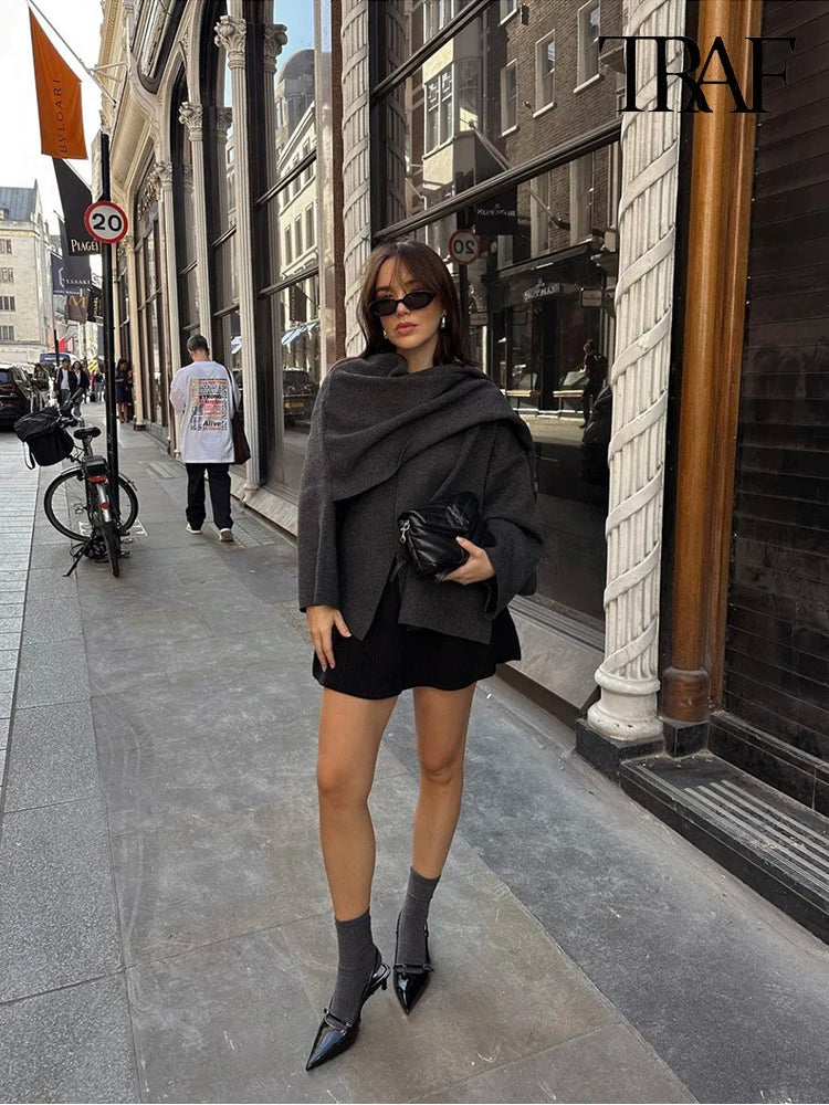 Veste Poncho Femme avec Col Châle et Manches Longues