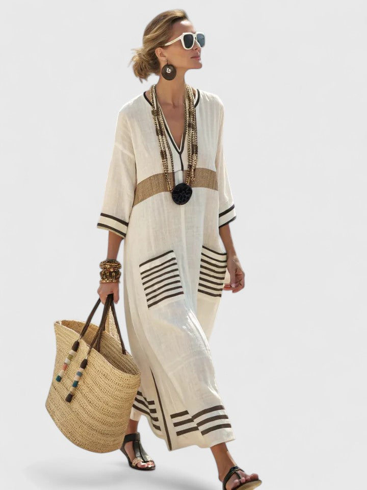 Robe Maxi d'Été pour Femme | Kaftan Rayé à Col V