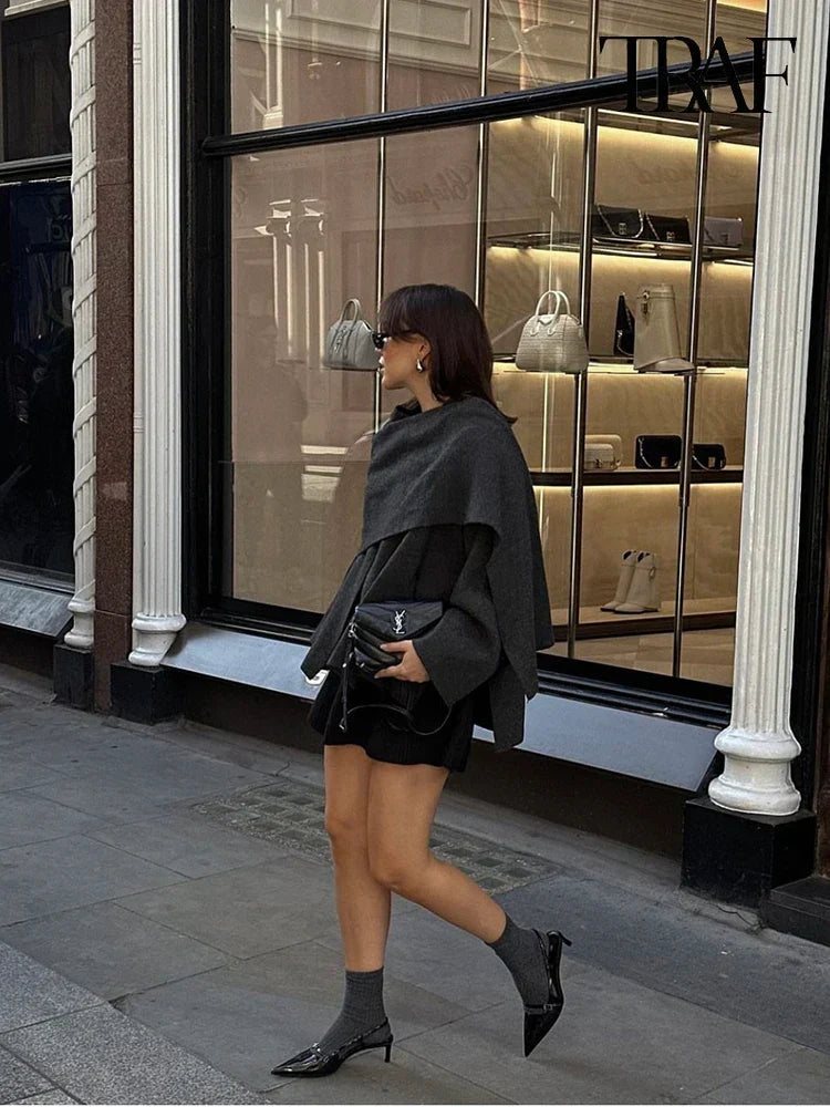 Veste Poncho Femme avec Col Châle et Manches Longues