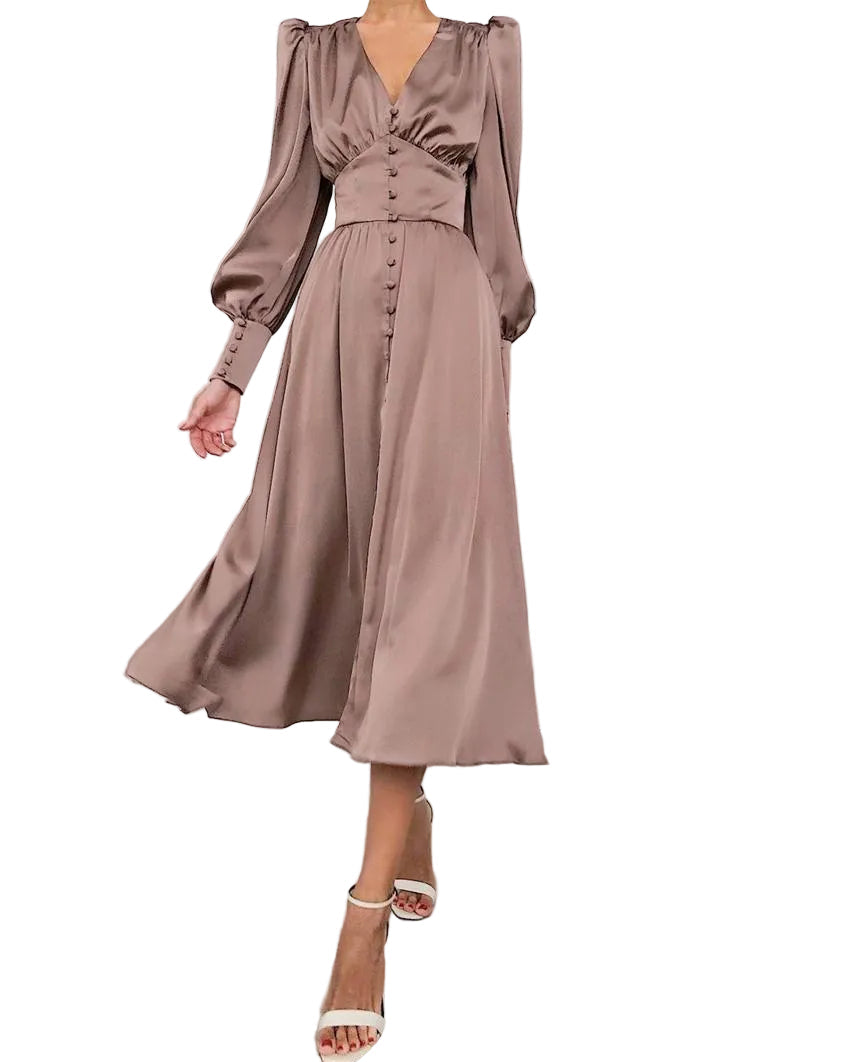 Arya | Robe midi femme avec décolleté en V et boutons