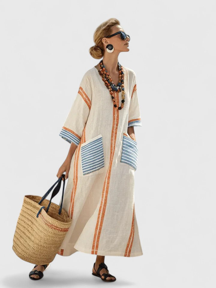 Robe Maxi d'Été pour Femme | Kaftan Rayé à Col V