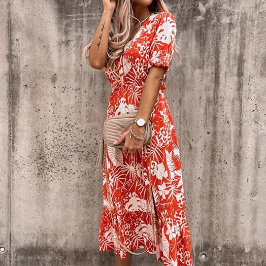 Robe Midi Boho Femme | V-Cou Smocké Floral