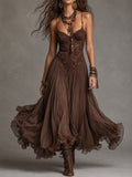 Deonissa | Robe maxi en chiffon marron avec dentelle