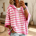 Pull Poncho à Capuche pour Femmes avec Cordon de Serrage et Motif Rayé