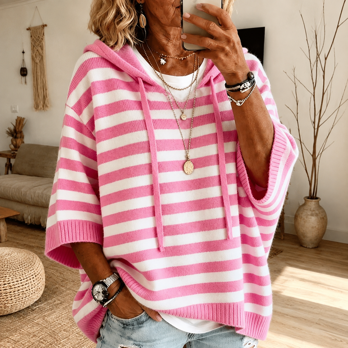 Pull Poncho à Capuche pour Femmes avec Cordon de Serrage et Motif Rayé