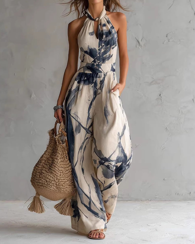 Combinaison femme col halter à imprimé aquarelle et jambes larges