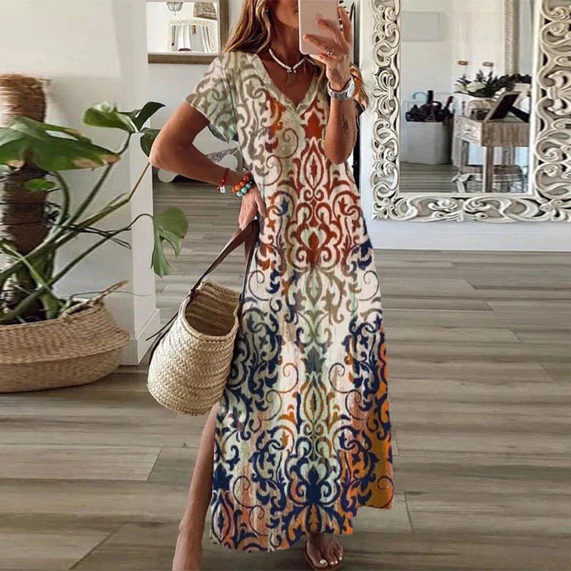 Zara | Robe Maxi Imprimée Boho à Col V et Manches Courtes