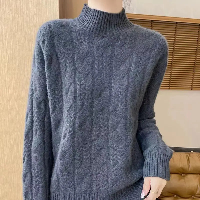 Pull en Cachemire Femme – Maille Torsadée et Col Mi-Haut Intemporel