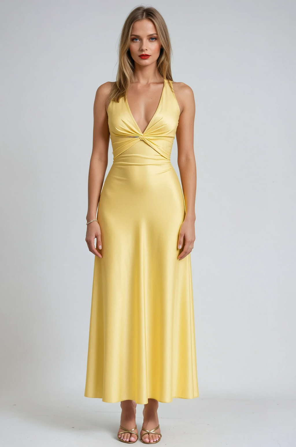 Robe Maxi Prom Satinée à Encolure Halter