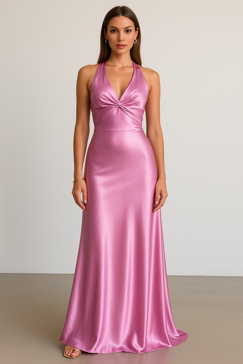 Robe Maxi Prom Satinée à Encolure Halter